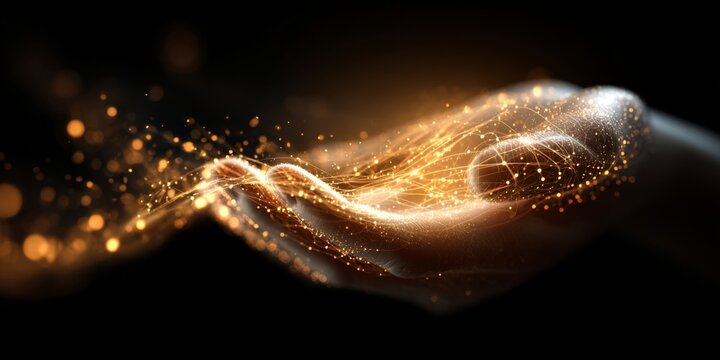 Abstract digital hand concept with glowing particles and connecting lines, symbolizing technology, innovation, and data visualization in modern art
