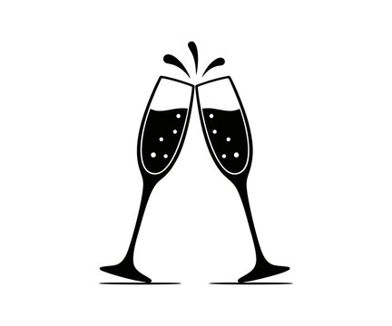 Black and white champagne glasses clinking toast icon. Champagne glasses with champagne glassware vector design and illustration.

