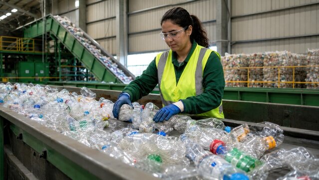 Female Worker Sorting Plastic Bottles on Conveyor Belt in Recycling Plant