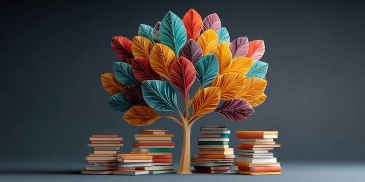 Creative abstract tree design made of colorful leaves and stacked books, symbolizing knowledge, learning, and education in a vibrant environment