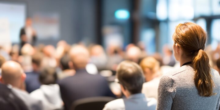 Engaging Speaker Presenting to an Attentive Audience at a Professional Conference or Seminar in a Modern Conference Room Setting