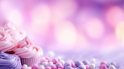 Obraz premium Colorful cupcakes with swirls of pink frosting surrounded by pastel candies on a soft purple background