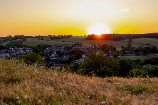 Summer landscape, The terrain hill countryside in Zuid-Limburg, Small houses on hillside in the evening during sunset, Gulpen-Wittem is a villages in Dutch province of Limburg, Gulperberg, Netherlands