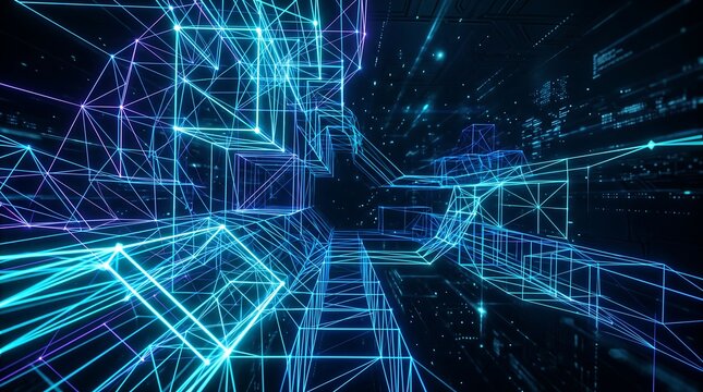 Wireframe 3D Geometric Abstract Background with Glowing Lines