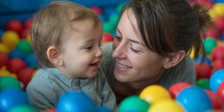 Joyful Moment Between Child and Caregiver in Colorful Playroom Setting Celebrating Bonding and Connection Through Playful Interaction