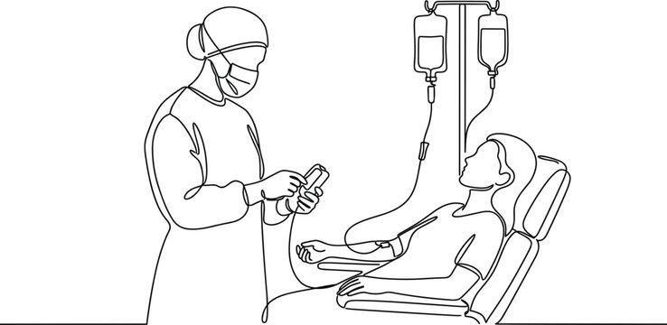 Healthcare nurse checking infusion device controller while female patient receives intravenous fluid treatment in hospital vector