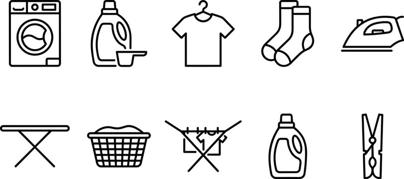 Laundry service and domestic clothing care line icon vector set featuring washing machine detergent bottle t-shirt hanger socks iron board basket clothesline clothespin for UI.