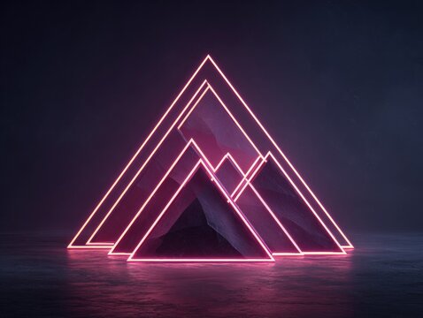 Neon triangles frame abstract mountain-like formations against a dark, moody backdrop, reflecting light on a textured surface