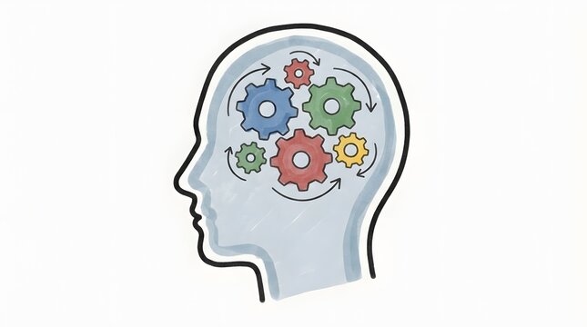 Human Head Profile with Colorful Gear Icons and Circular Arrows for Mental Process