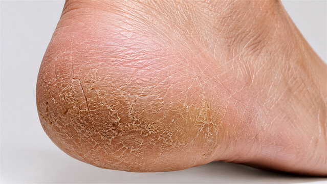 Extreme closeup of dry cracked heel skin showing foot dryness, scaling, and dermatological condition for skincare and medical education