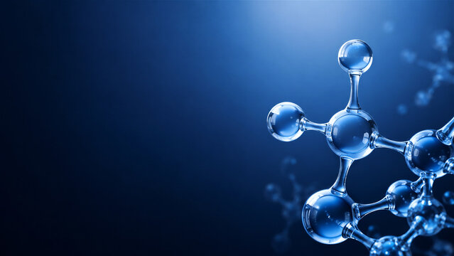 Abstract molecular structure with connected spheres on a dark blue background. Scientific chemistry concept with copy space for biotechnology, pharmaceutical research, and laboratory innovation.