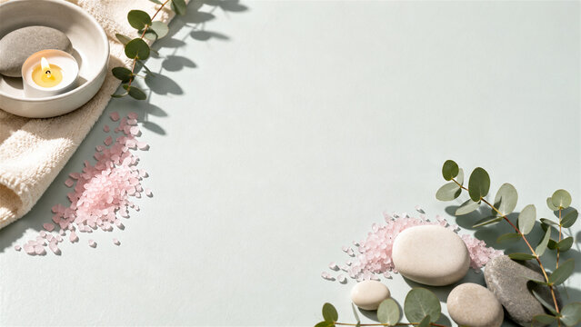 spa wellness arrangement with candle, stones, bath salt, towel, and eucalyptus branches on a light background. Relaxation and self care concept with copy space