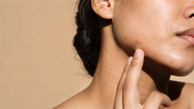 closeup of woman touching facial blemish on cheek. Skincare, acne treatment, dermatology, beauty routine, and healthy skin concept with copy space