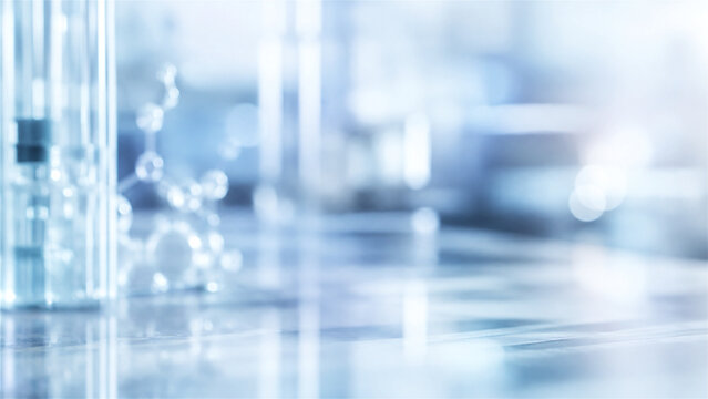 abstract blue laboratory background with blurred glassware and reflective surface. Scientific research, biotechnology, healthcare, innovation, and medical technology concept with copy space