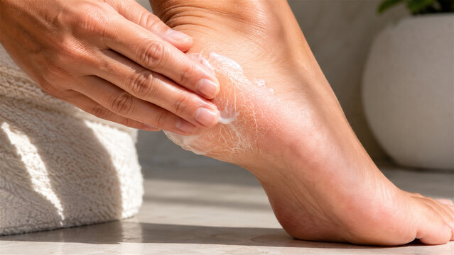 close-up of woman applying moisturizer to dry cracked heel. Skincare routine for foot care, hydration, dermatology treatment and self-care concept