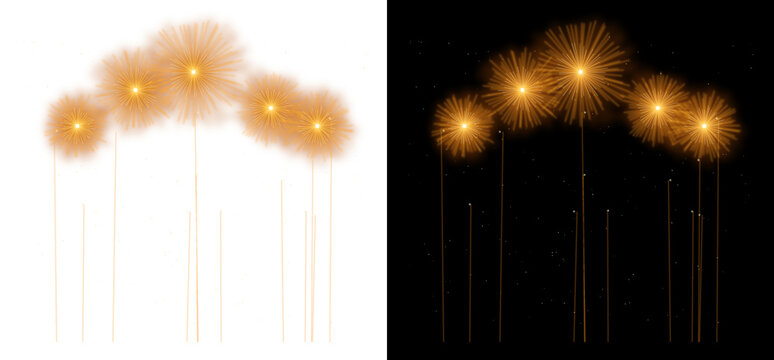 Radiant golden fireworks explosion pattern with vertical light trails for festive celebrations and bright night sky visual isolated on a transparent background