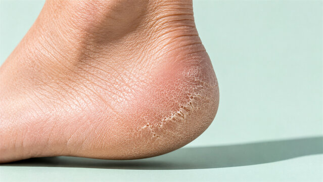 close up of dry cracked heel skin showing foot care concern and dermatology concept. Macro health image illustrating dehydration, roughness, fissure, and personal skincare treatment