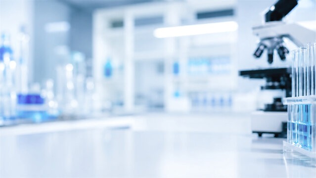 modern laboratory interior with microscope and test tubes. Scientific research, medical testing, biotechnology, chemistry, and clinical analysis concept with copy space