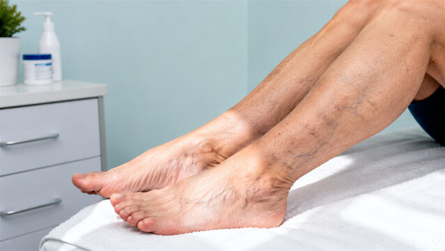 close-up of older woman legs with visible varicose veins resting on a towel. Vascular health, circulation problem, aging and medical care concept