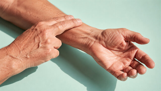 close-up of older woman examining wrist with other hand. Concept of joint pain, arthritis, healthcare, aging, injury, and physical therapy 