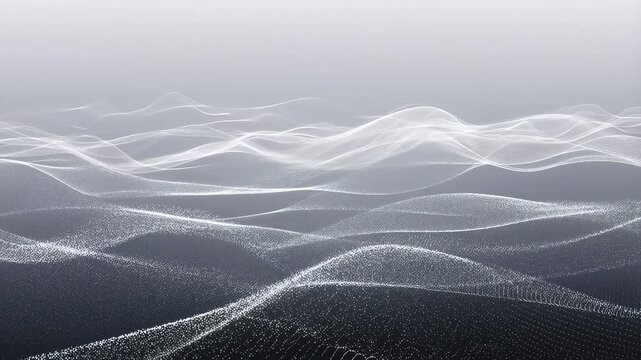 White particle waves flow and undulate smoothly over a gray gradient background. Animated texture shows particles and lines with flowing movement.
