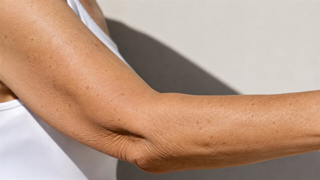 close-up of a bent mature woman arm showing natural skin texture, elbow wrinkles, freckles, and sunlit detail for dermatology, aging, healthcare, and body care concepts