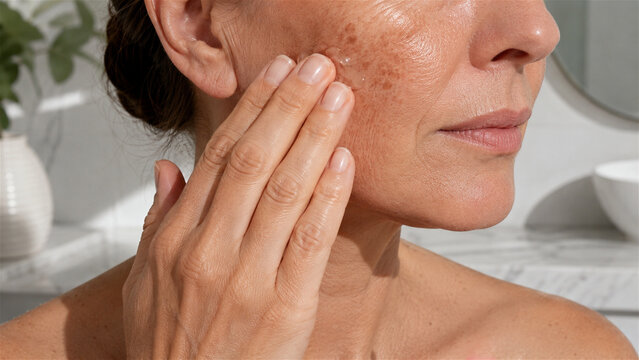 close up of woman touching facial hyperpigmentation and sun spots. Skincare, dermatology, aging, pigmentation treatment and beauty care concept