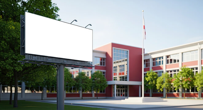 Empty rectangular outdoor billboard sign with white frame located near modern educational university school building campus