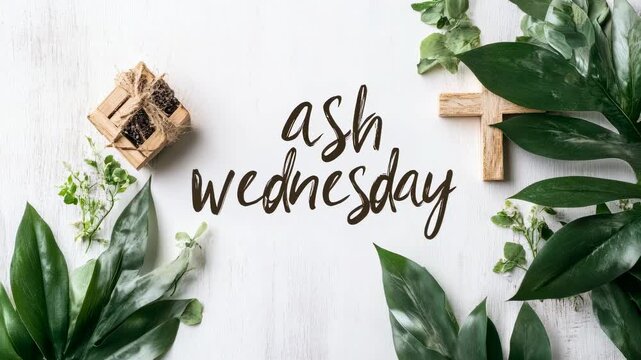 Flat lay of Ash Wednesday text with wooden cross and green leaves on white background. Christian Lent season composition