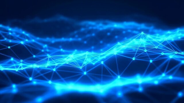 Glowing blue nodes connected by pulsating lines form a shifting digital mesh over a dark background. Animated scene combines points nodes and lines with glowing light.