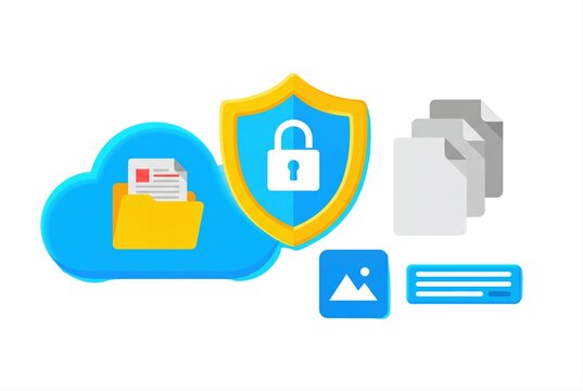 Cloud storage security concept with digital shield and protected data folder icon