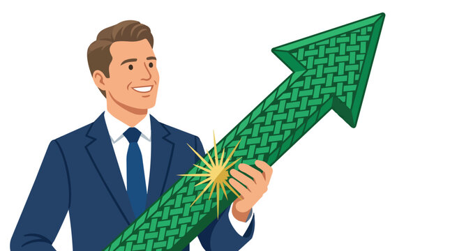 Financial growth and business success concept with professional man holding large green arrow flat vector illustration for corporate performance marketing