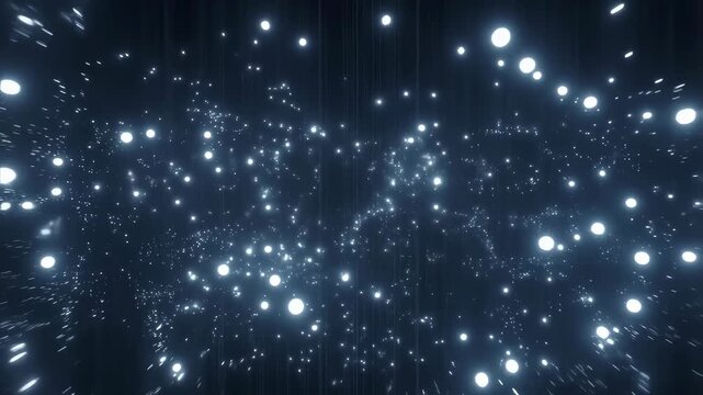 Animation of numerous glowing particles drifting outward in a dark 3D space. Animated texture shows particles and light points with flowing movement.