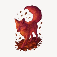 Naklejka premium Whimsical fox with autumn leaves
