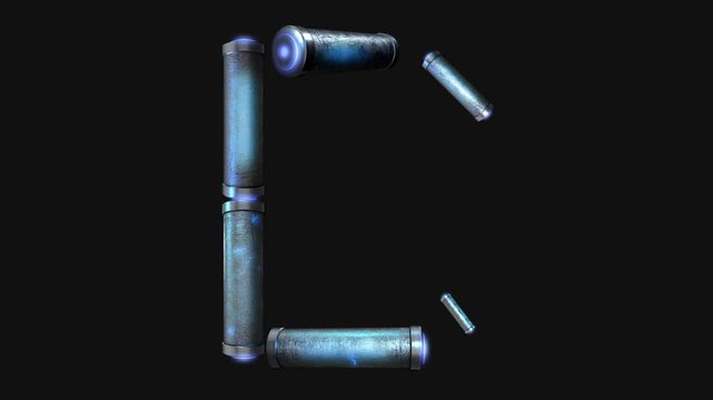 A drag and drop overlay letter that is made up from animated metallic tubes that pulsate and rotate.
