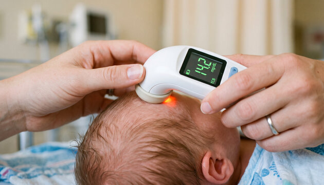 Non invasive bilirubinometer used for newborn jaundice screening in a hospital setting
