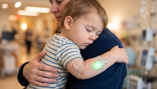 Pediatric patient receiving enzyme replacement therapy in hospital with caring parent nearby during treatment session