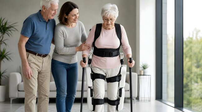 Senior woman using robotic exoskeleton for physical therapy with family support at home