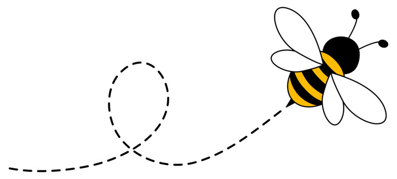 Cute flying bee with dotted flight path. Buzzing bumblebee. Vector illustration isolated on white.