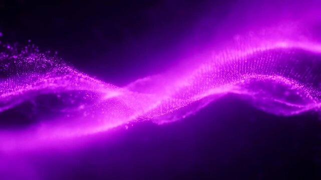 Flowing wave of glowing purple particles undulates smoothly against a dark background. Particles undulate and pulse with soft diffusion and haze effects, creating a dynamic energy motion.