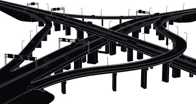 Complex Highway Interchange Overpass Vector Line Illustration for City Transportation Infrastructure Concept
