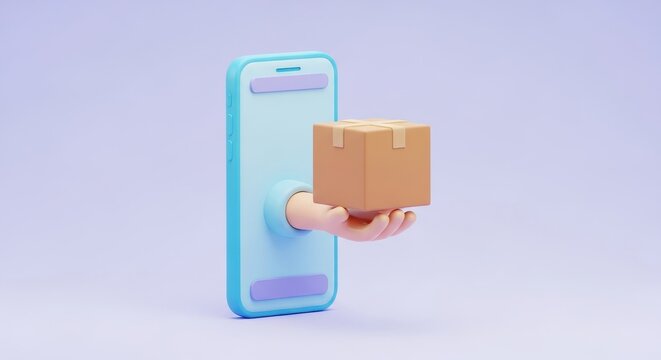 3D cartoon hand reaching out of a smartphone screen holding a box for online shopping and delivery