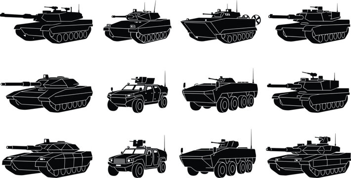 Set of black silhouettes of military tanks and armored vehicles on a white background