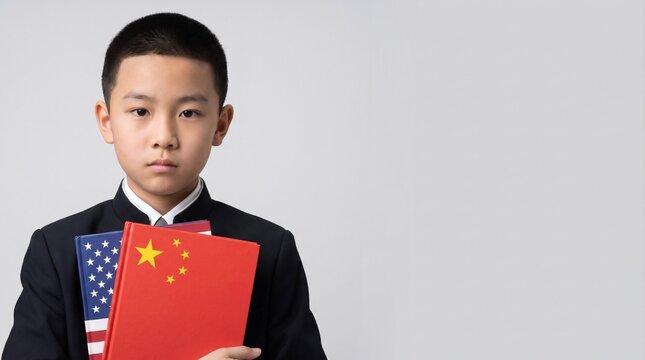 Serious asian schoolboy holding textbooks in the colors of America and China on neutral gray background. Education and language learning concept. Studio portrait for international education campaign