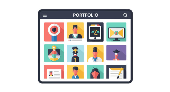 Digital Creative Portfolio Dashboard Illustration with Professional Avatars and Design Icons