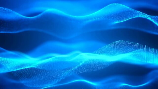 Blue glowing particle waves flow and undulate across a dark background. Abstract background features particle waves and flowing lines with rhythmic movement.