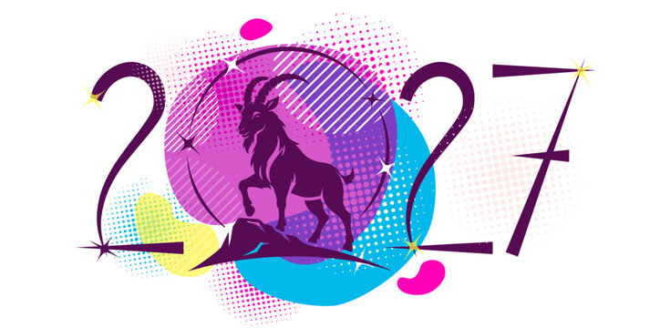 2027 Happy New Year Year Of The Goat. Hand drawn. Not AI, vector illustration