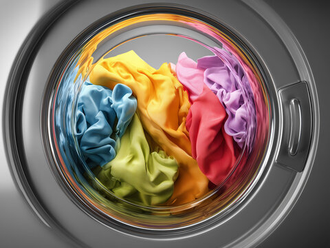 Front view of washing machine with colorful laundry spinning inside. Household appliance concept showing fabric care, freshness, and color protection during washing.
