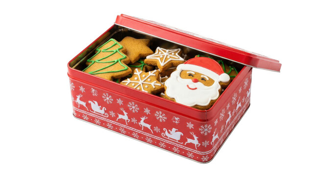 Christmas cookies in a red tin box isolated on transparent background