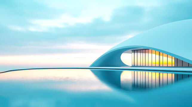 Futuristic Curved Architecture with Reflecting Pool at Sunset